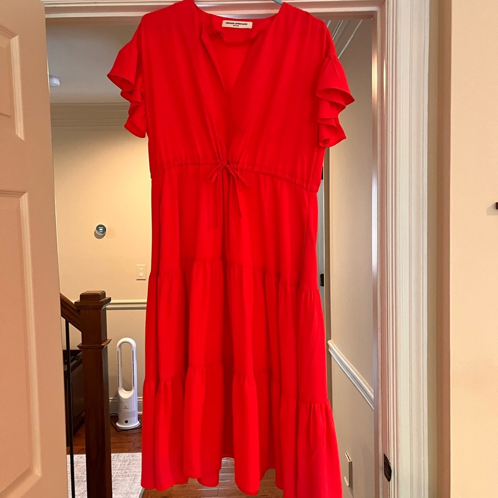 Amanda Uprichard Red Tiered Midi Dress with Drawstring Waist